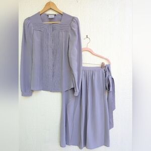 Vtg JOANIE CHAR 100% Silk Purple Lavender Skirt Blouse Set Women's Size 4